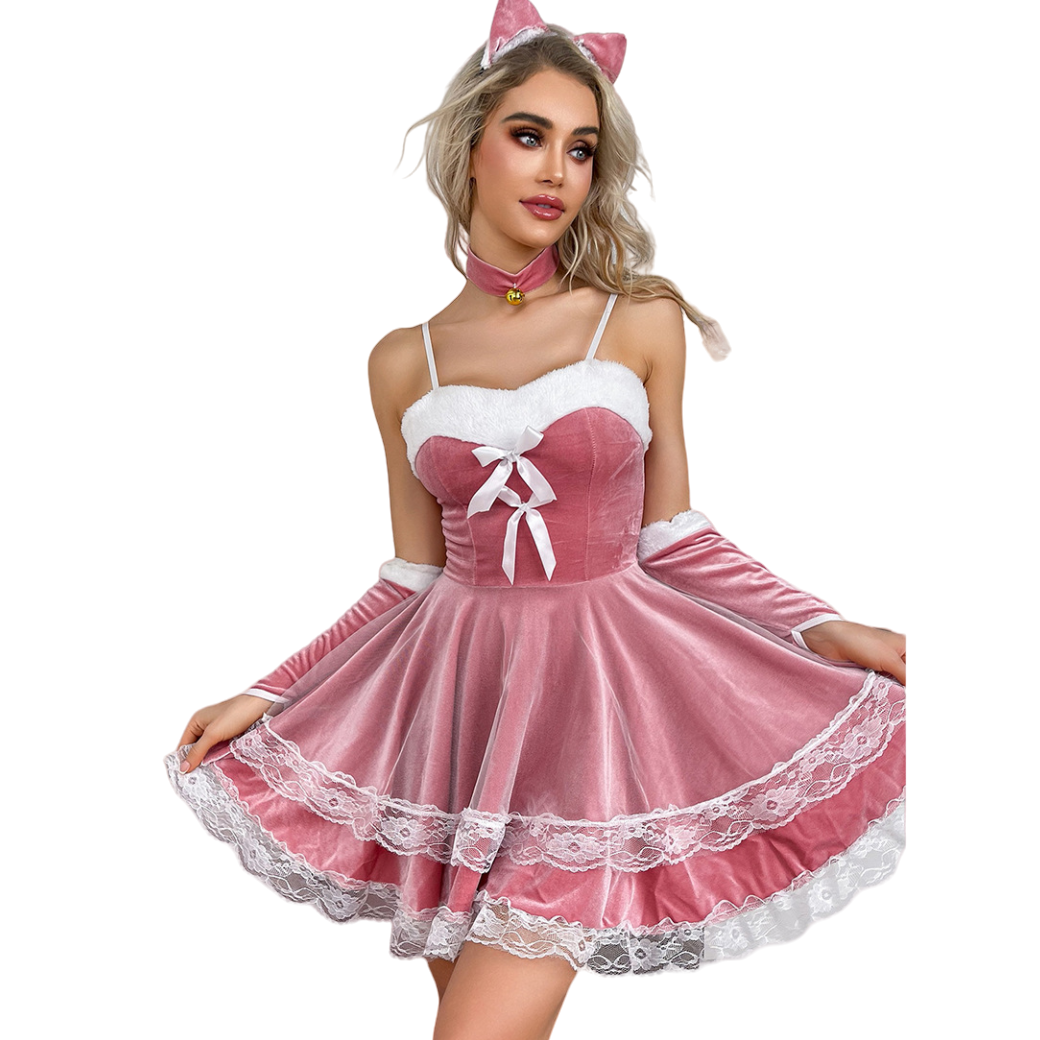  Sexy Pink Bunny Costume Lace Velvet Costume Dress Set